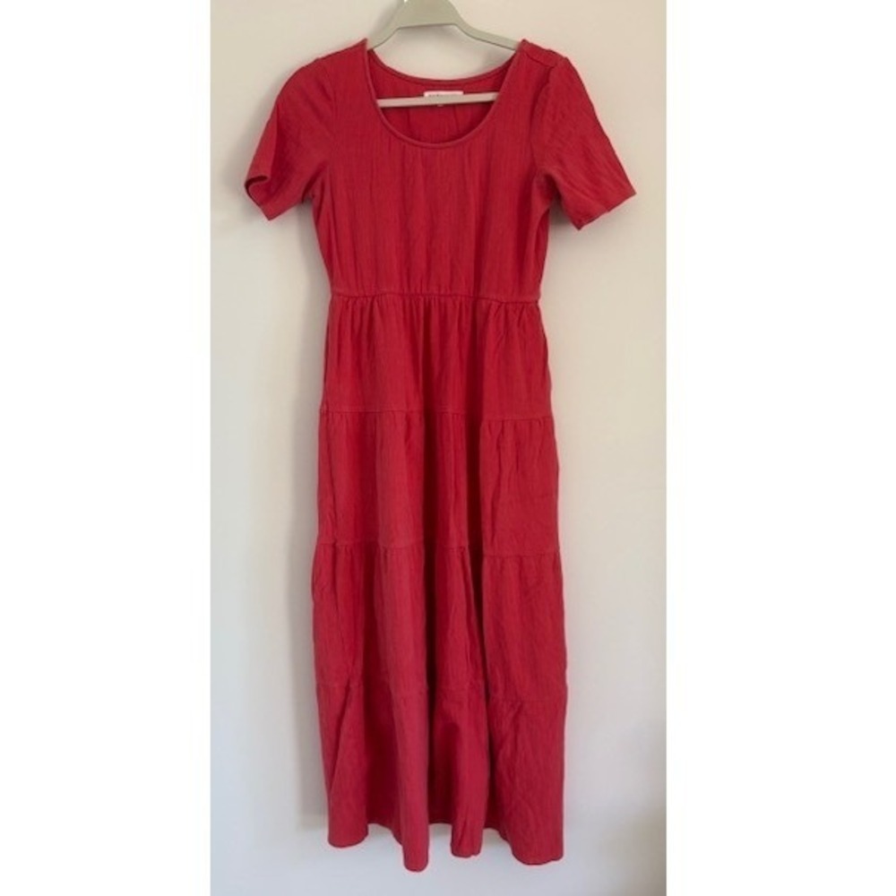 Downeast Red Textured Tiered Maxi Dress Short Sleeve‎ Pockets Small